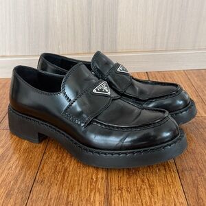 Prada Chocolate Brushed Leather Loafers, Black, IT42/US9